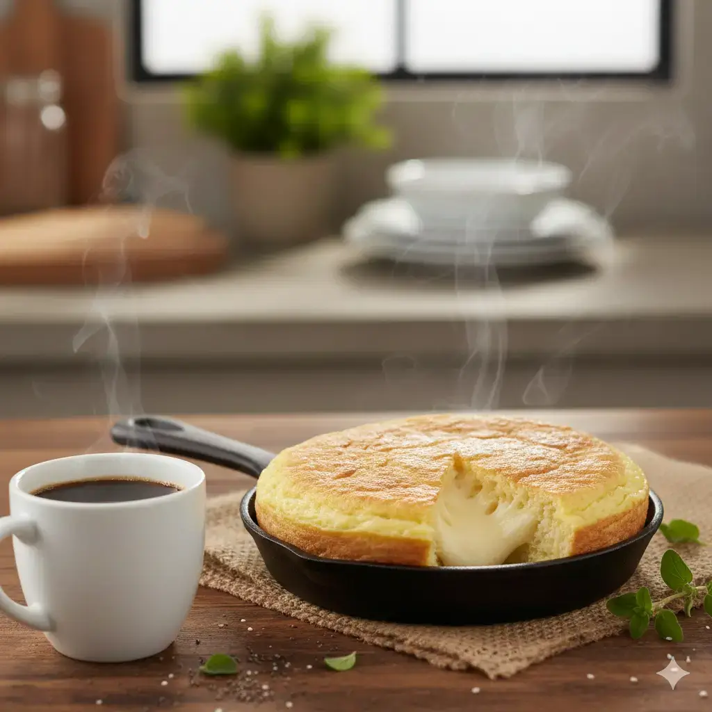 Pão de queijo de frigideira fofinho e dourado.